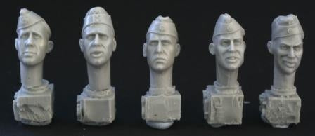 5 heads wearing various German SS sidecaps WW2
