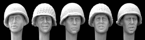 5 heads wearing U S helmets M1 with netting
