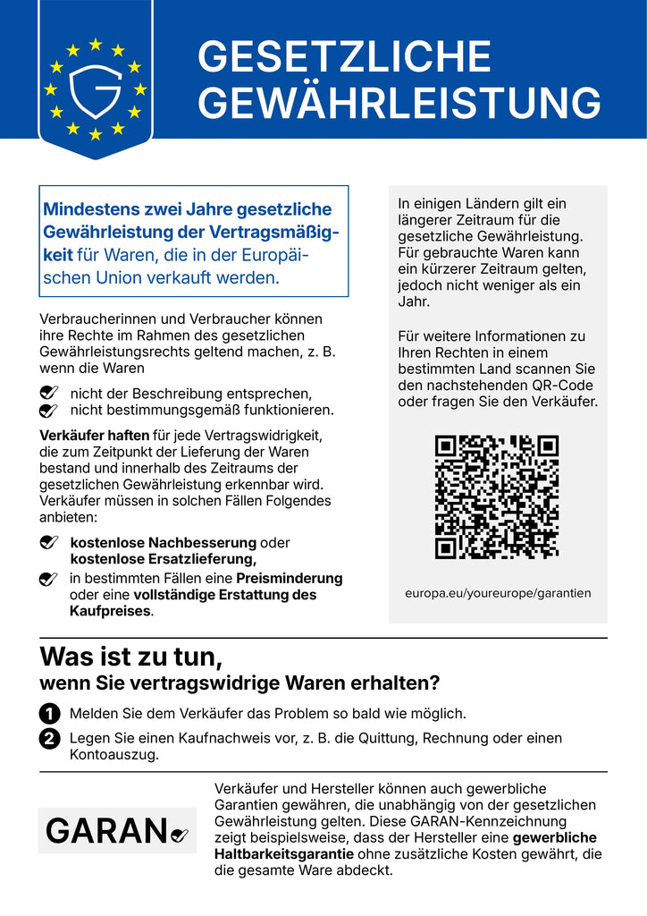 EU-Label zur gesetzlichen Gewährleistung: Für dieses Produkt gilt eine gesetzliche Gewährleistung. Für weitere Informationen, bitte folgend Sie dem QR-Code oder der Url darunter.