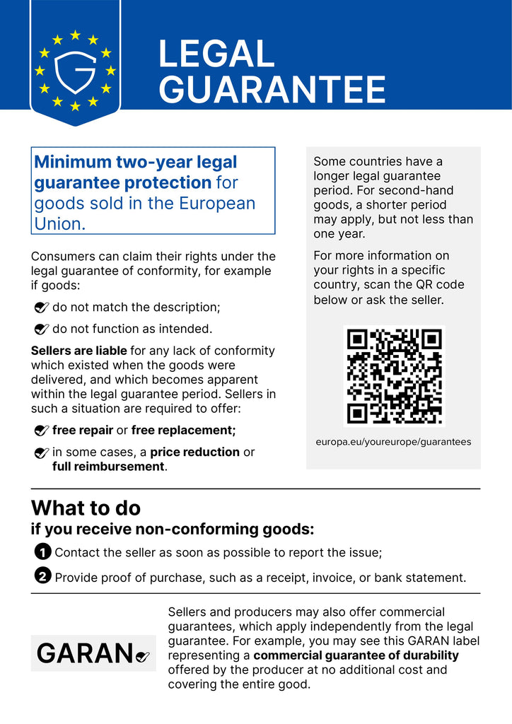 EU Label for the Statutory Warranty: This product is covered by a statutory warranty. For more information, please scan the QR code or visit the URL below.