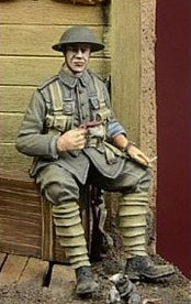 British infantryman sitting on a case WWI