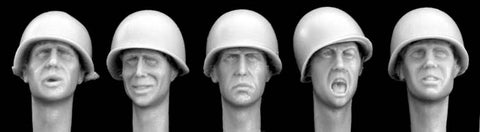 5 heads wearing plain U S helmets M1